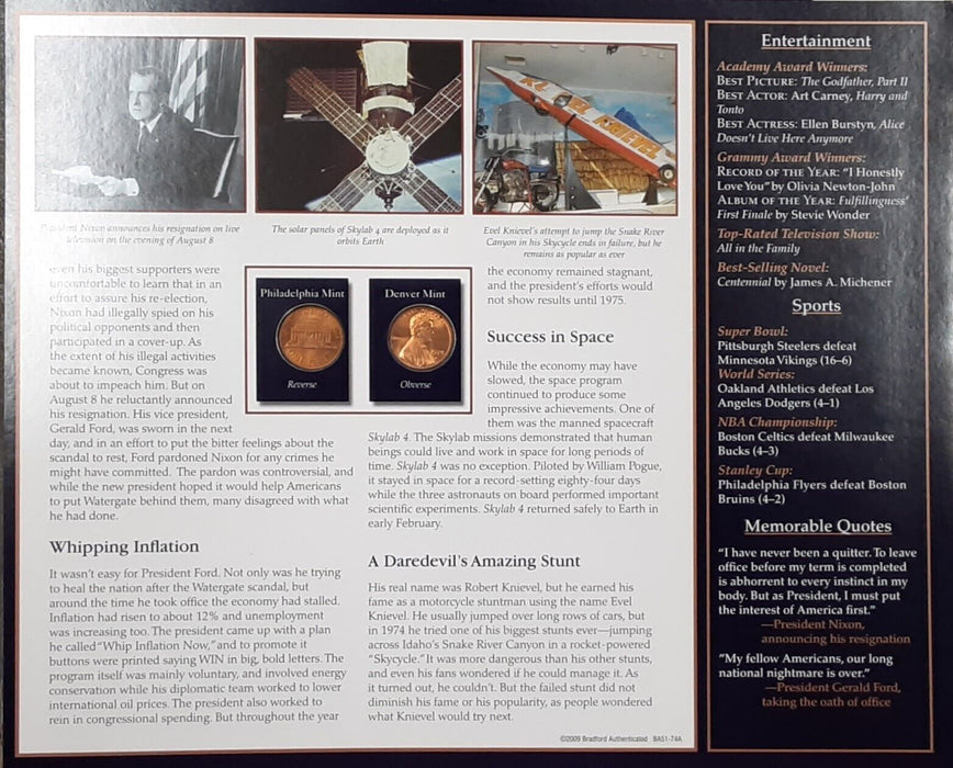 1974 Lincoln Cent / The Years Historic Events on Informative Card - See Photos