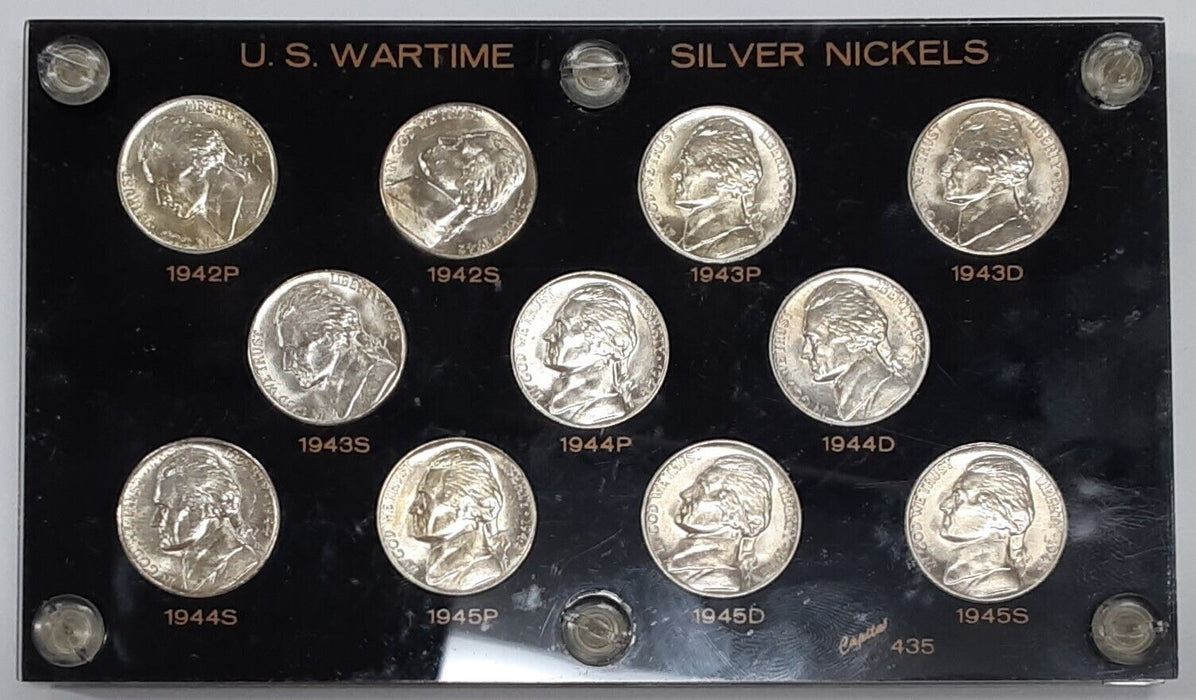 1942-1945 Silver War Nickel Set - 11 Coins Total in Capital Holder - BU