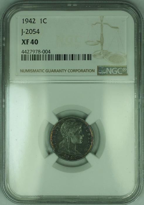 1942 1c Penny Cent US Pattern Coin J-2054 NGC XF-40 WW (like Colombia 2 Centavo)
