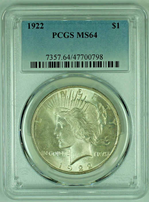 1922 Peace Silver $1 Dollar Coin Toned PCGS MS 64+ (4) J