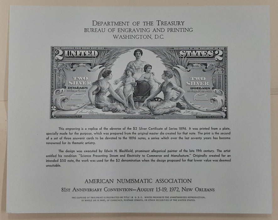 BEP Souvenir Card B 18 ANA 1972 Face 1896 $2 Educational Silver Certificate