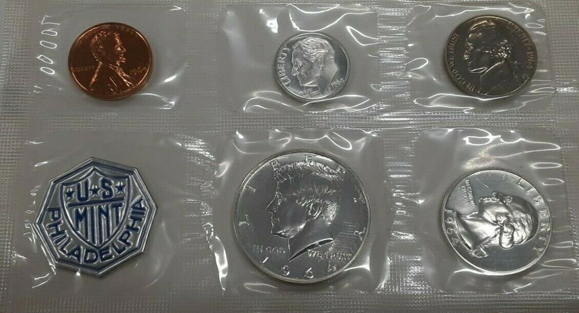 1964 US Mint Silver Proof Set Gem Coins w/Accented Hair Half Dollar in OGP