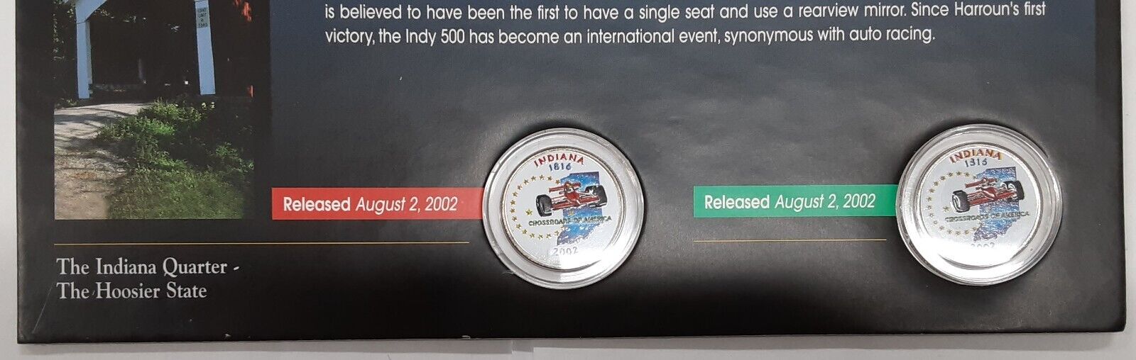 (2) 2002 Indiana Colorized State Quarter P&D-BU-w/Colorful Display Card