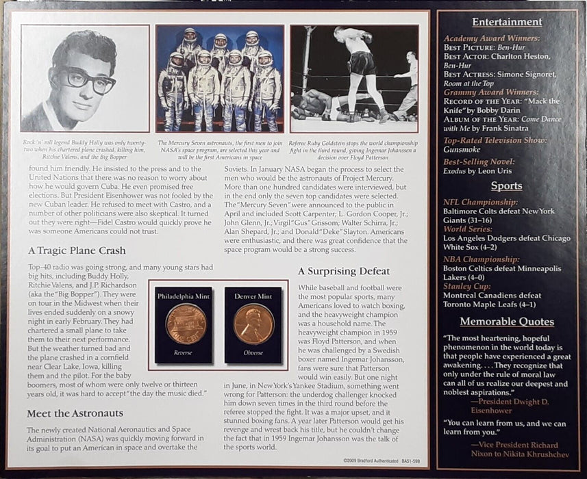 1959 Lincoln Cent / The Years Historic Events on Informative Card - See Photos