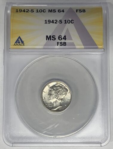 1942-S Mercury Dime 10c Coin ANACS MS 64 FB Looks Better