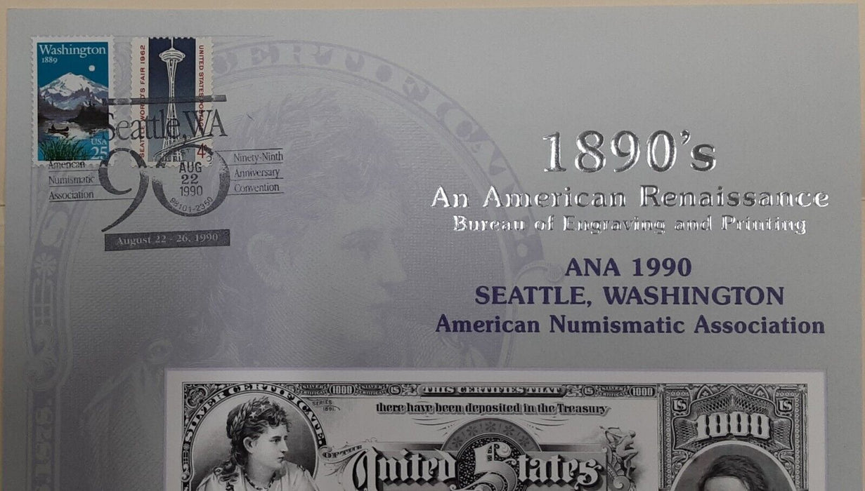 BEP Souvenir Card From 1990 ANA in Seattle- 1891 $1000 SC - Cancelled (B 140)