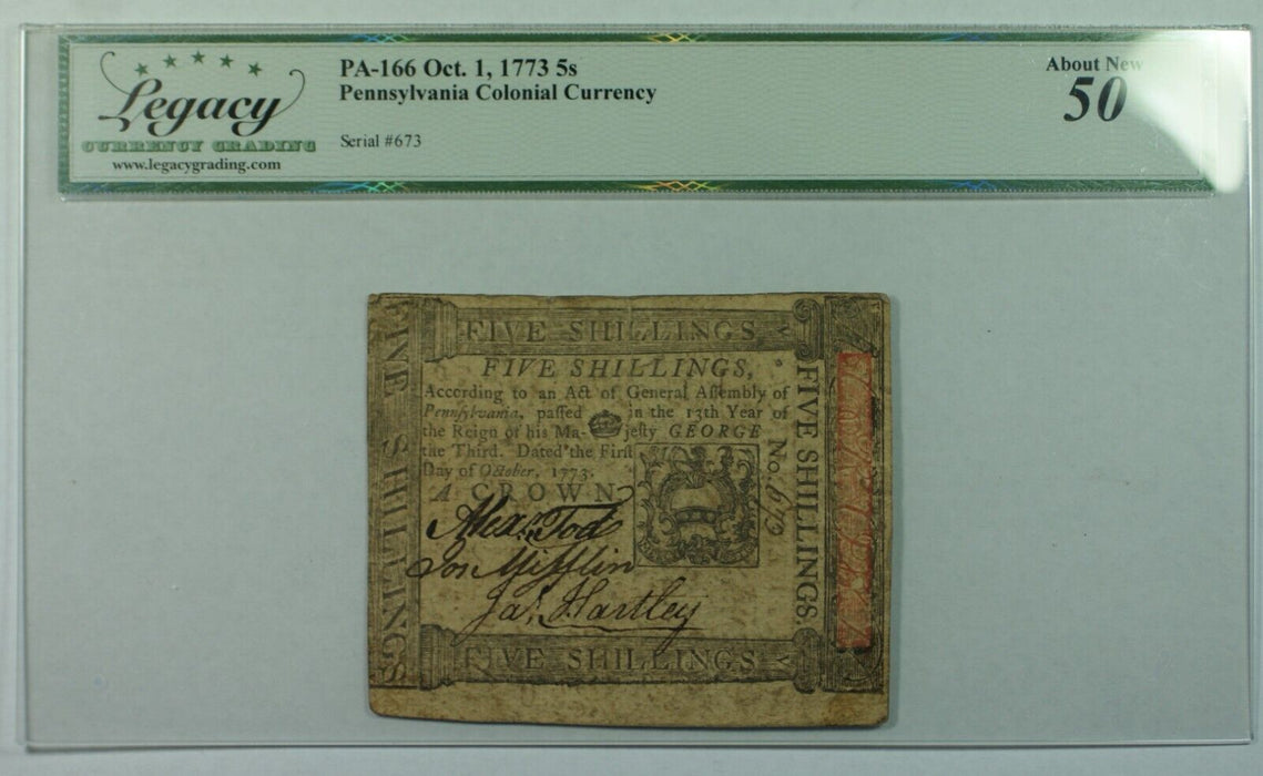 1773 5 Shillings Pennsylvania Colonial Currency PA-166 Legacy AU 50