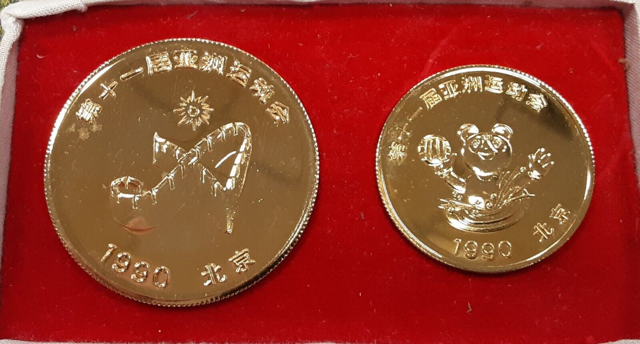 XI Asian Games in Beijing 1990 Pair of 24K Gold Plated Medals in Original Case