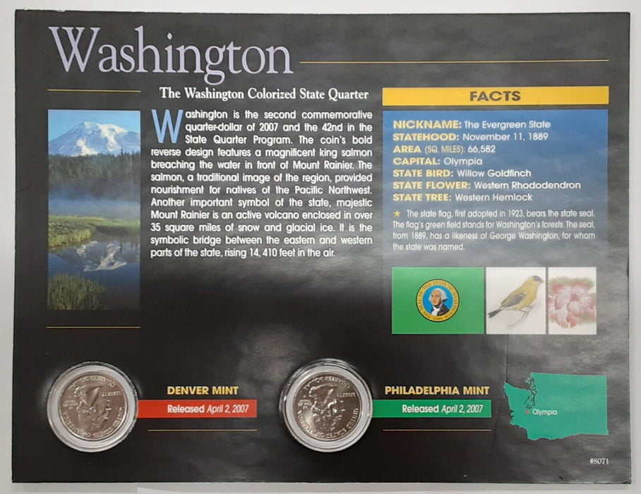 (2) 2007 Washington Colorized State Quarter P&D-BU-w/Colorful Display Card