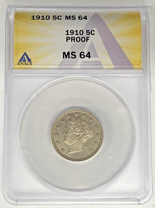 1910 Proof Liberty Head V Nickel Coin ANACS PR 64