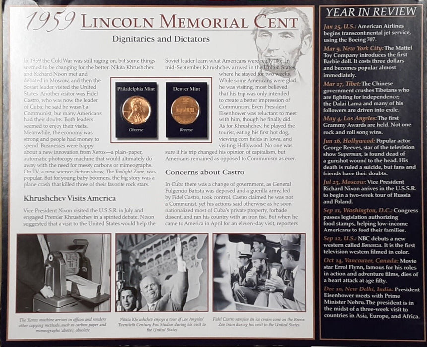1959 Lincoln Cent / The Years Historic Events on Informative Card - See Photos