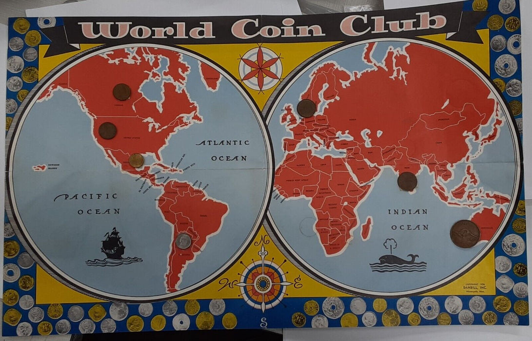 World Coin Set - Seven Coins/Some UNC on World Map