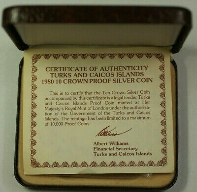 1980 Turks and Caicos Islands 10 Crowns Silver Proof Coin Toned In Case W/COA