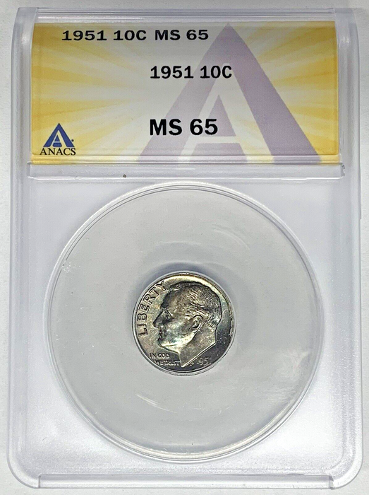 1951 Roosevelt Dime 10c Coin Toned ANACS MS 65