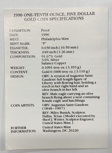 1990-P $5 American Proof Gold Eagle, 1/10 OZ Fine Gold Coin-Box & COA