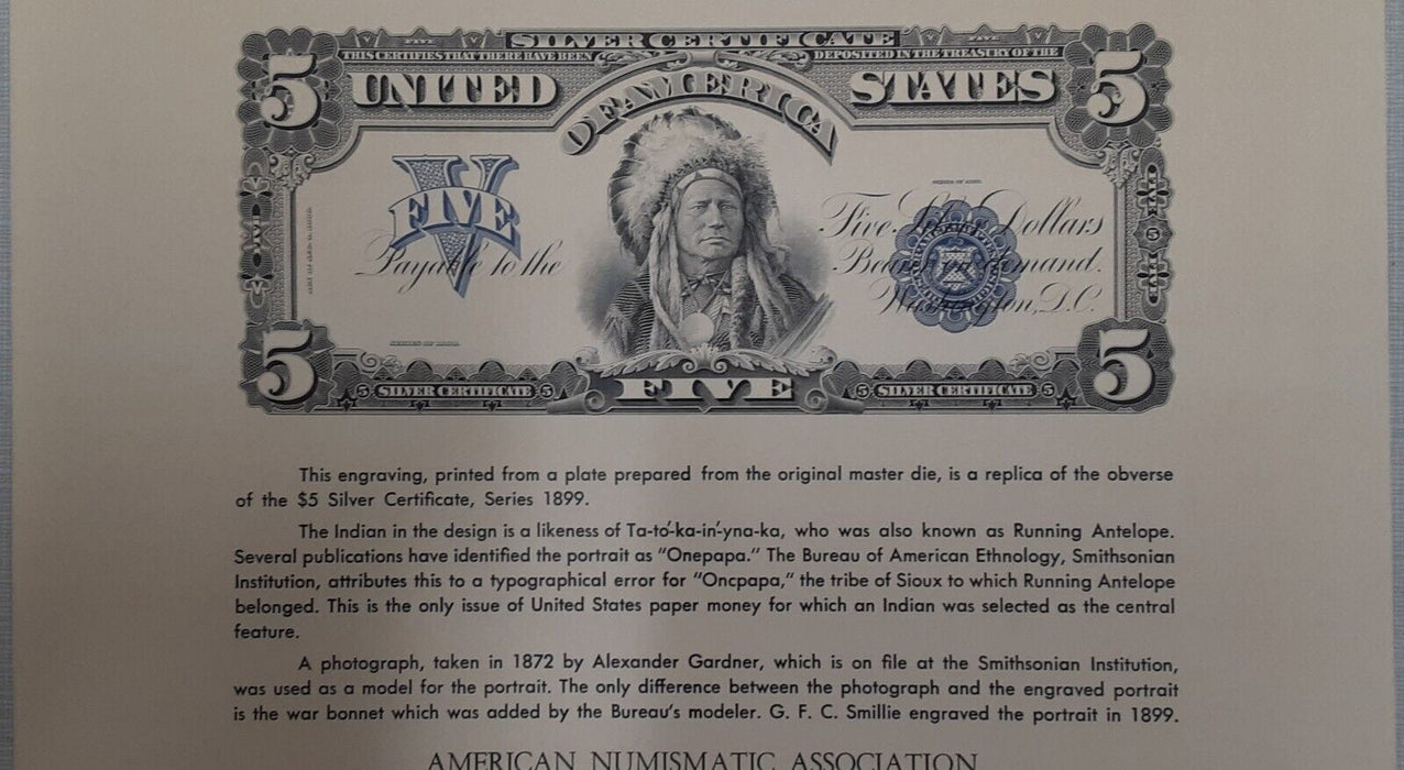 BEP Souvenir Card 1977 ANA Print of 1899 $5 Silver Cert "Chief" (B 41) Beige