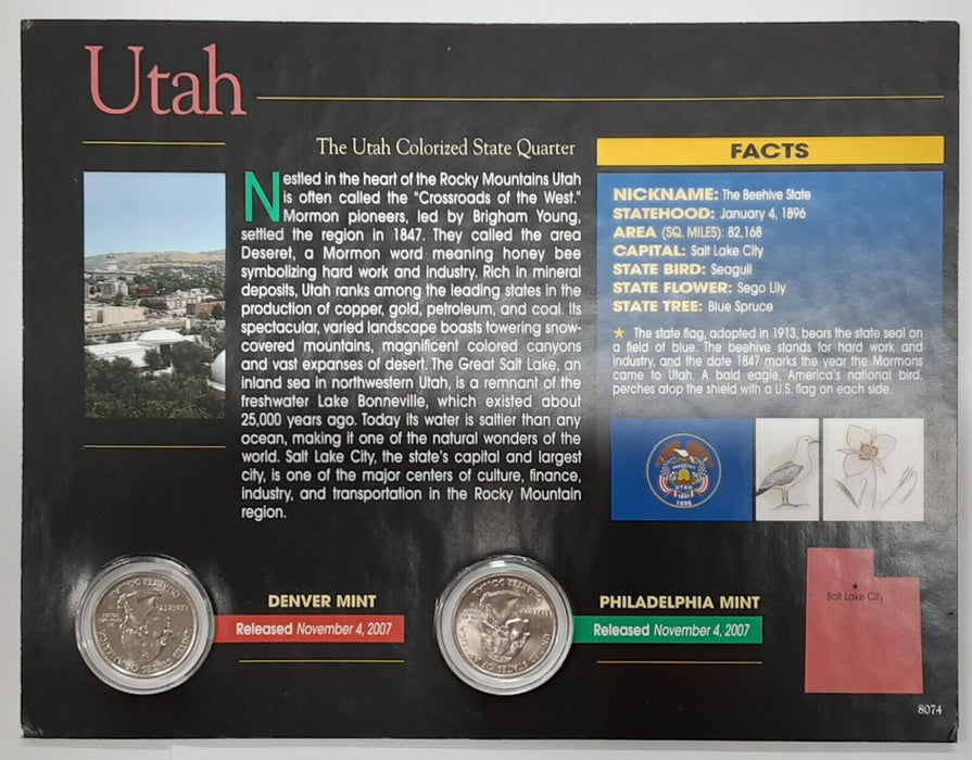 (2) 2007 Utah Colorized State Quarter P&D-BU-w/Colorful Display Card