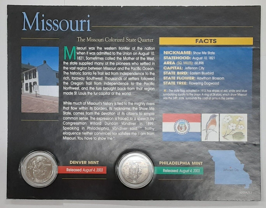 (2) 2003 Missouri Colorized State Quarter P&D-BU Coin-w/Colorful Display Card