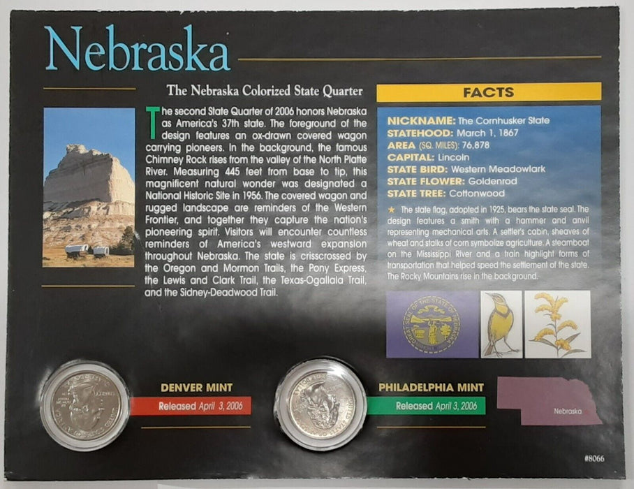 (2) 2006 Nebraska Colorized State Quarter P&D-BU-w/Colorful Display Card