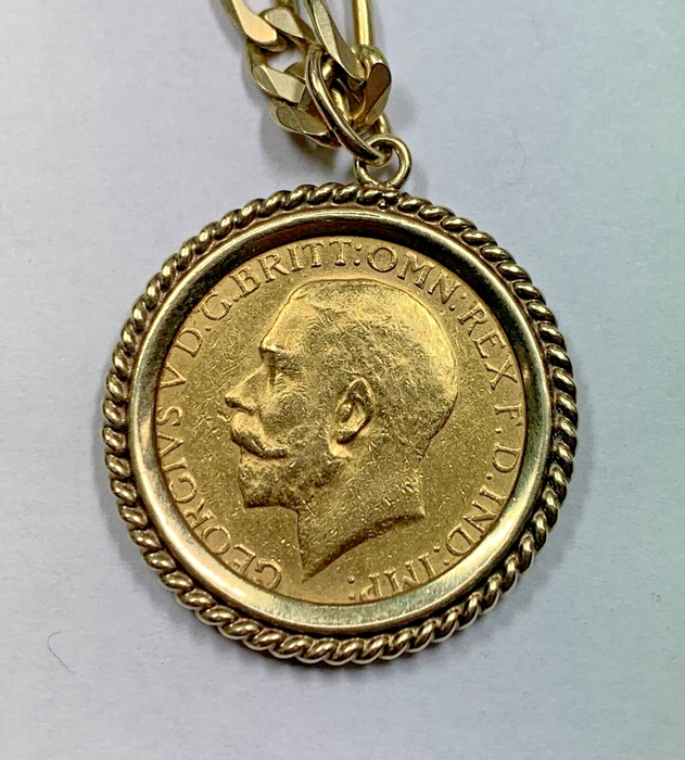 1916 Sovereign Gold Coin-w/ 20” 14KT Gold Figaro Link Chain & Pendant