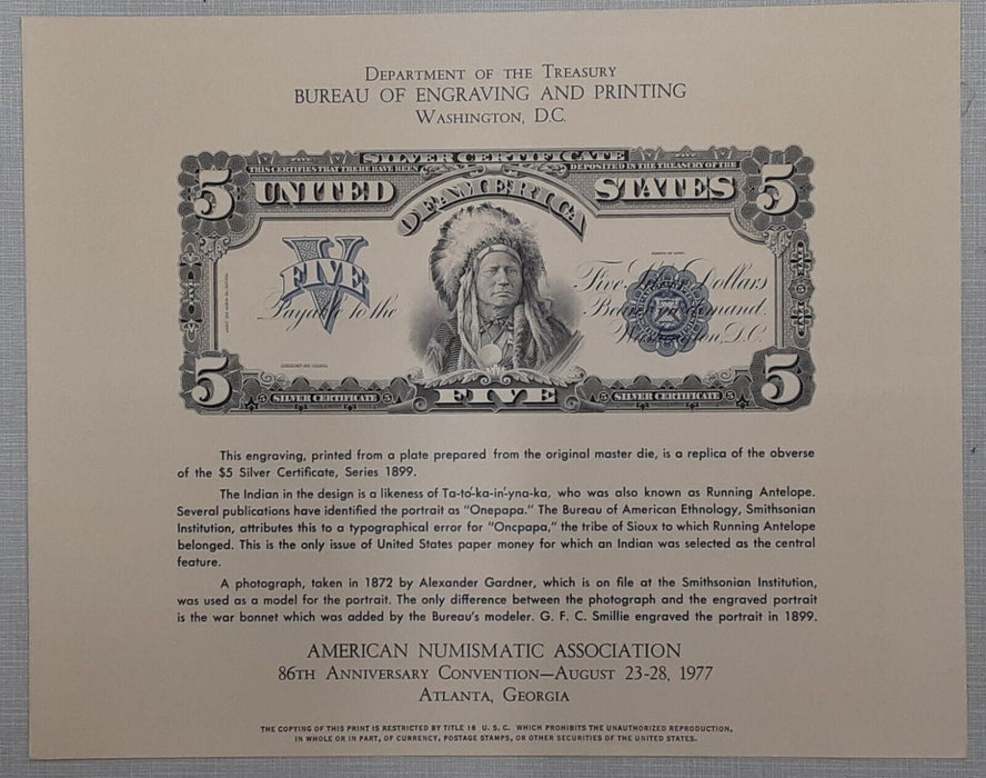 BEP Souvenir Card 1977 ANA Print of 1899 $5 Silver Cert "Chief" (B 41) Beige