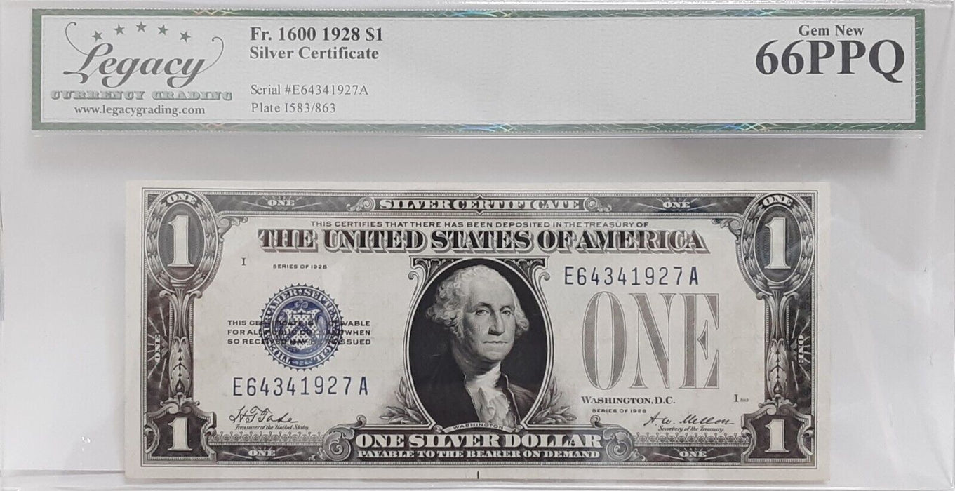 Series 1928 $1 Silver Certificate Tate/Mellon Fr.#1600 Legacy Gem New 66 PPQ