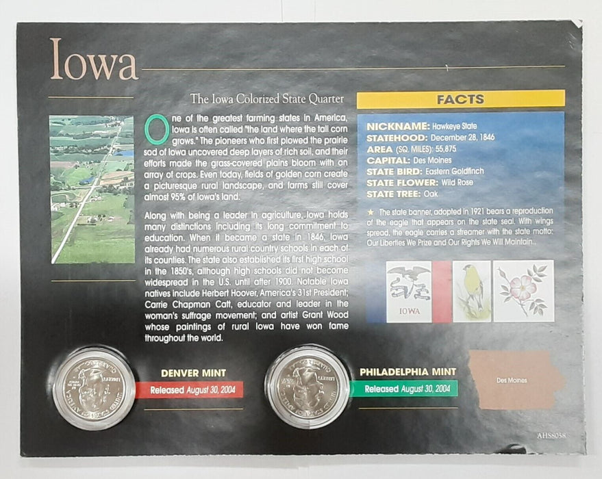 (2) 2004 Iowa Colorized State Quarter P&D-BU-w/Colorful Display Card