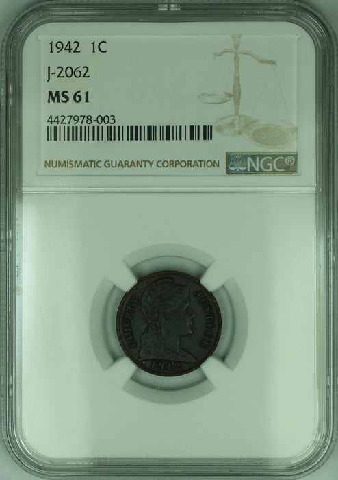 1942 1c Penny Cent US Pattern Coin J-2062 NGC MS-61 300 degree rotated die WW