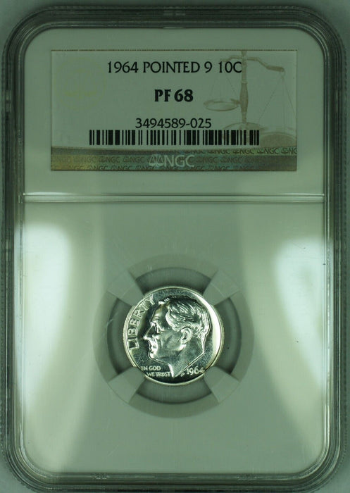 1964 Roosevelt Dime Pointed 9 NGC PF 68