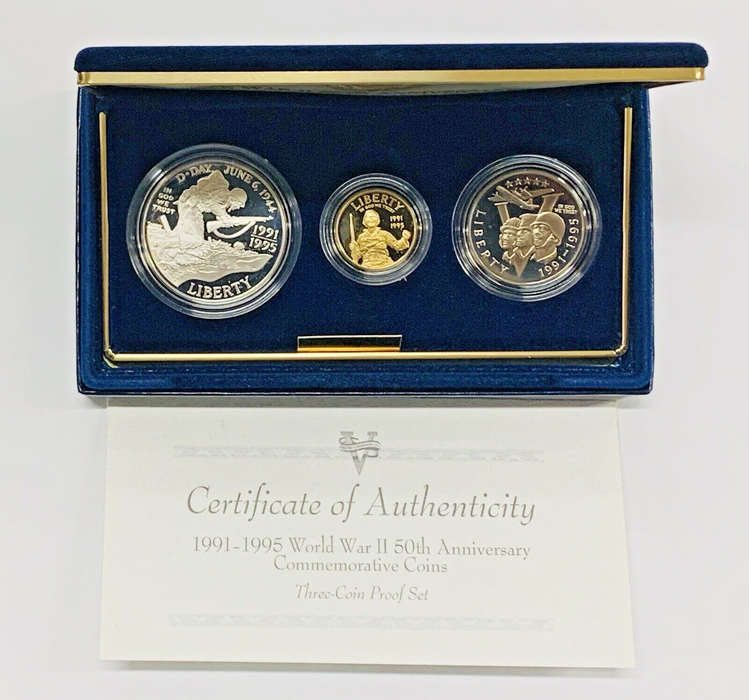 1991-1995 World War II 50Th Anniversary Three Coin Gold & Silver Set-Box & COA