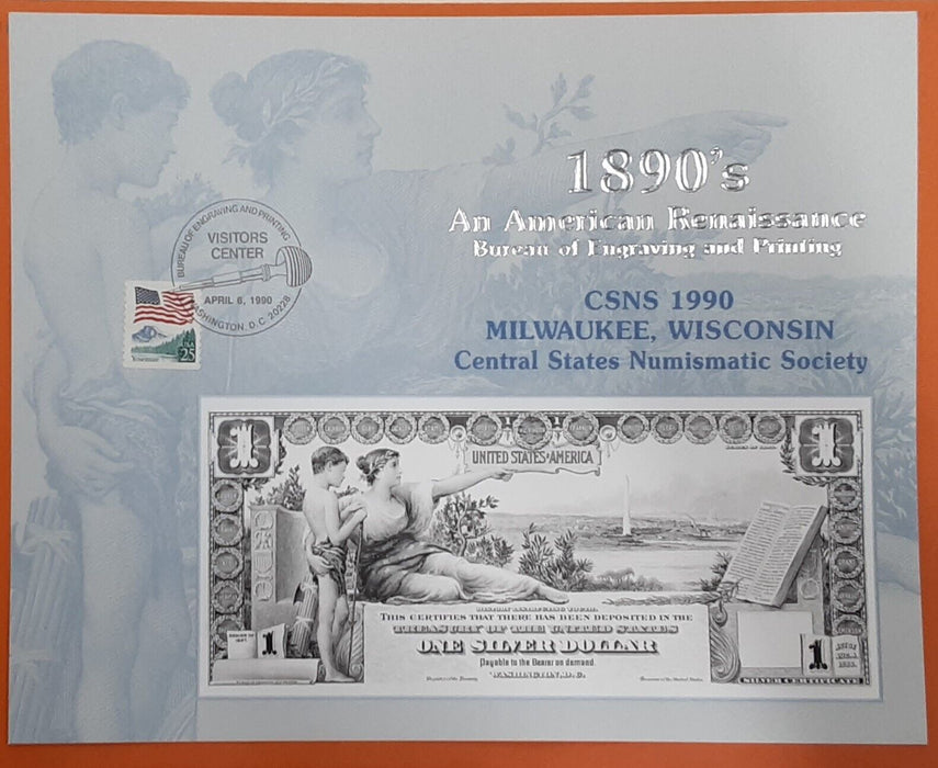 BEP Souvenir Card From CSNS 1990/Face 1896 $1 SC Vis Ctr Cancelled (B 136)