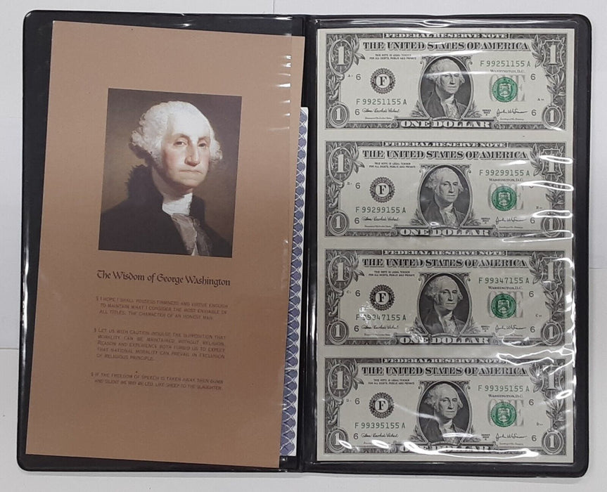 2003-A $1 FRNs F-A Block Wisdom of Washington - Uncut Sheet of 4 in WRME Folder