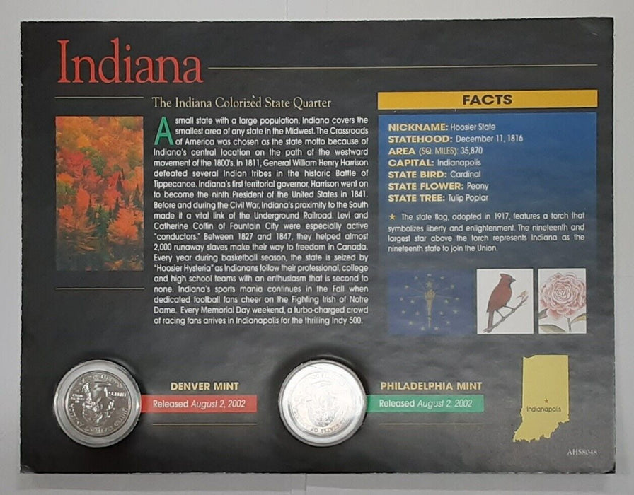 (2) 2002 Indiana Colorized State Quarter P&D-BU-w/Colorful Display Card