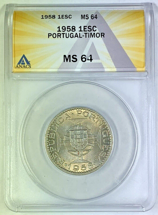 1958 1 ESC Portugal-Timor Coin ANACS MS 64