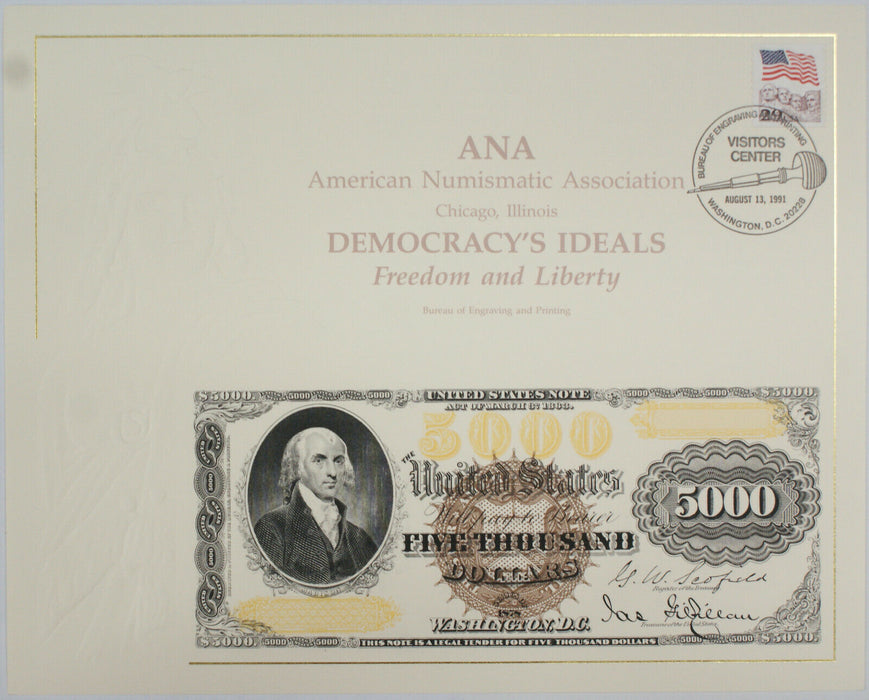 BEP Souvenir Card B 149 1991 ANA 1878 $5000 Madison Face Legal Tender Canceled