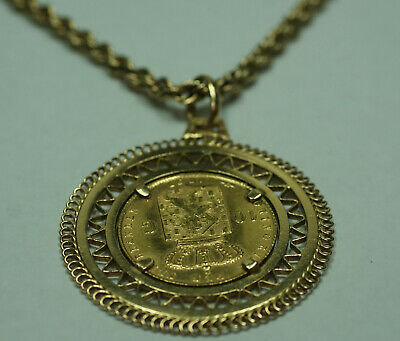 1897 Netherlands Gold 10 Gulden Coin in 18K Pendant w/ 14K Rope Chain Necklace