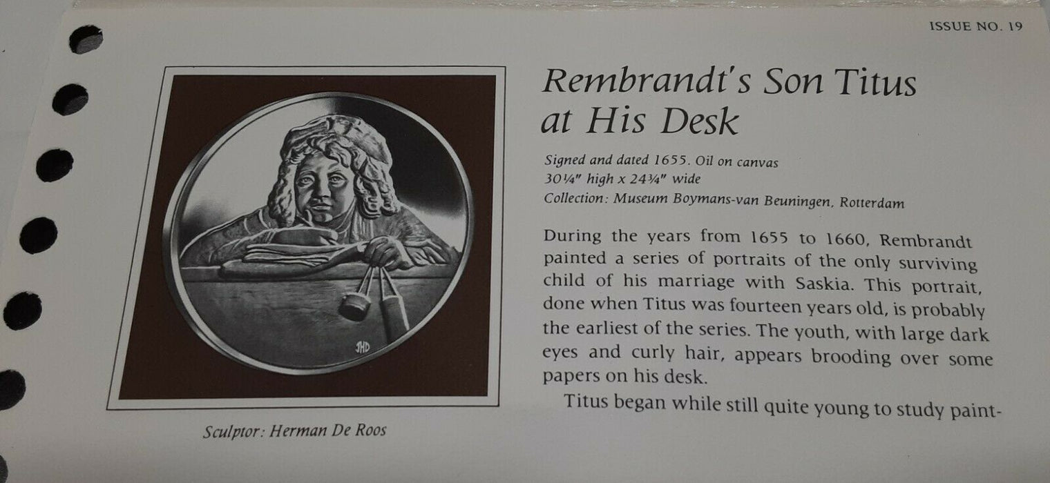 Franklin Mint Genius/Rembrandt PR .925 Silver Medal-Rembrandt's Son in Card