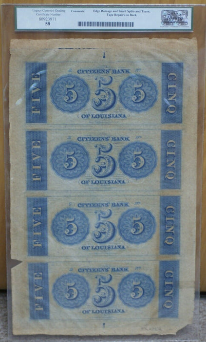 Citizens' Bank of LA $5 Uncut Sheet New Orleans LA Haxby 15-X2 Legacy ChAbtNew58