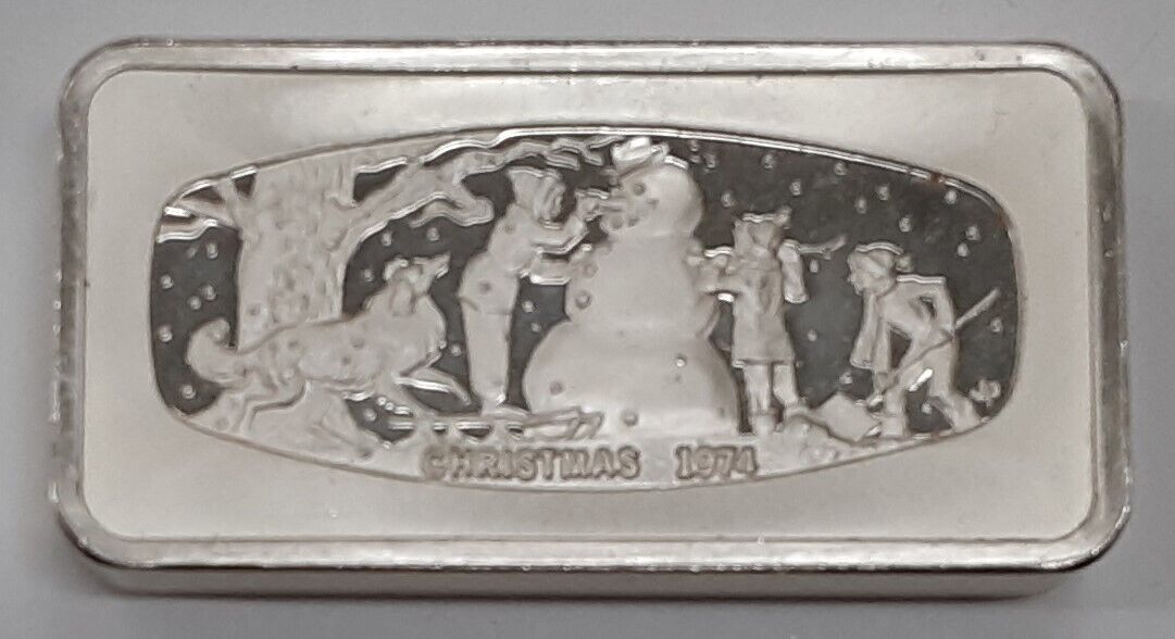 1974 Franklin Mint 1000 Grain Sterling Silver Christmas Ingot Building Snowman