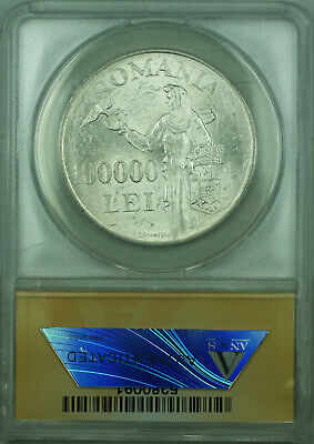 1946 Romania 100,000 Lei Silver Coin ANACS AU-58 looks choice