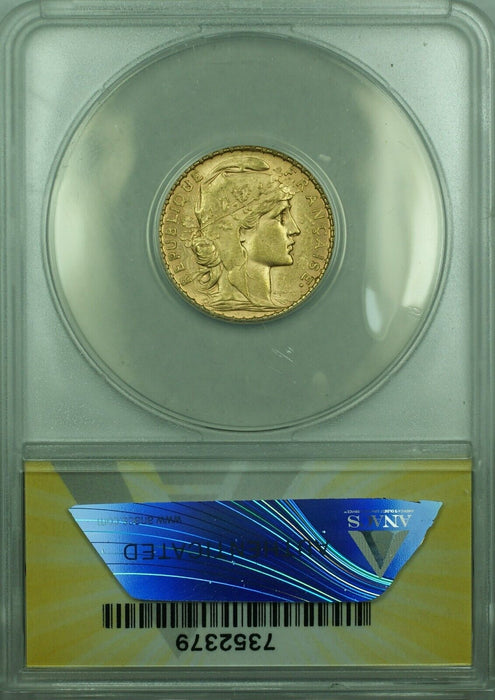 1909 France Rooster Restrike Year 20 Francs Gold Coin ANACS AU-58