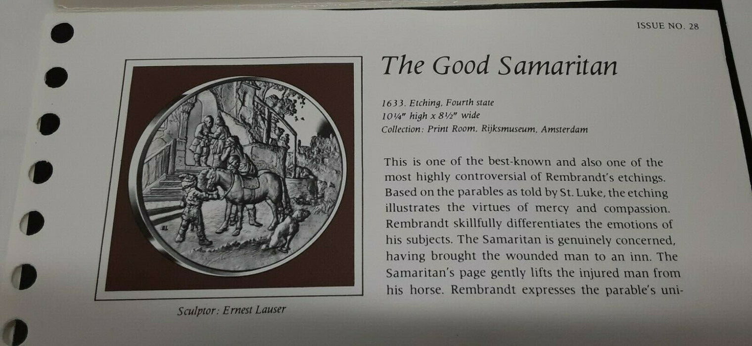 Franklin Mint Genius/Rembrandt PR .925 Silver Medal-The Good Samaritan in Card