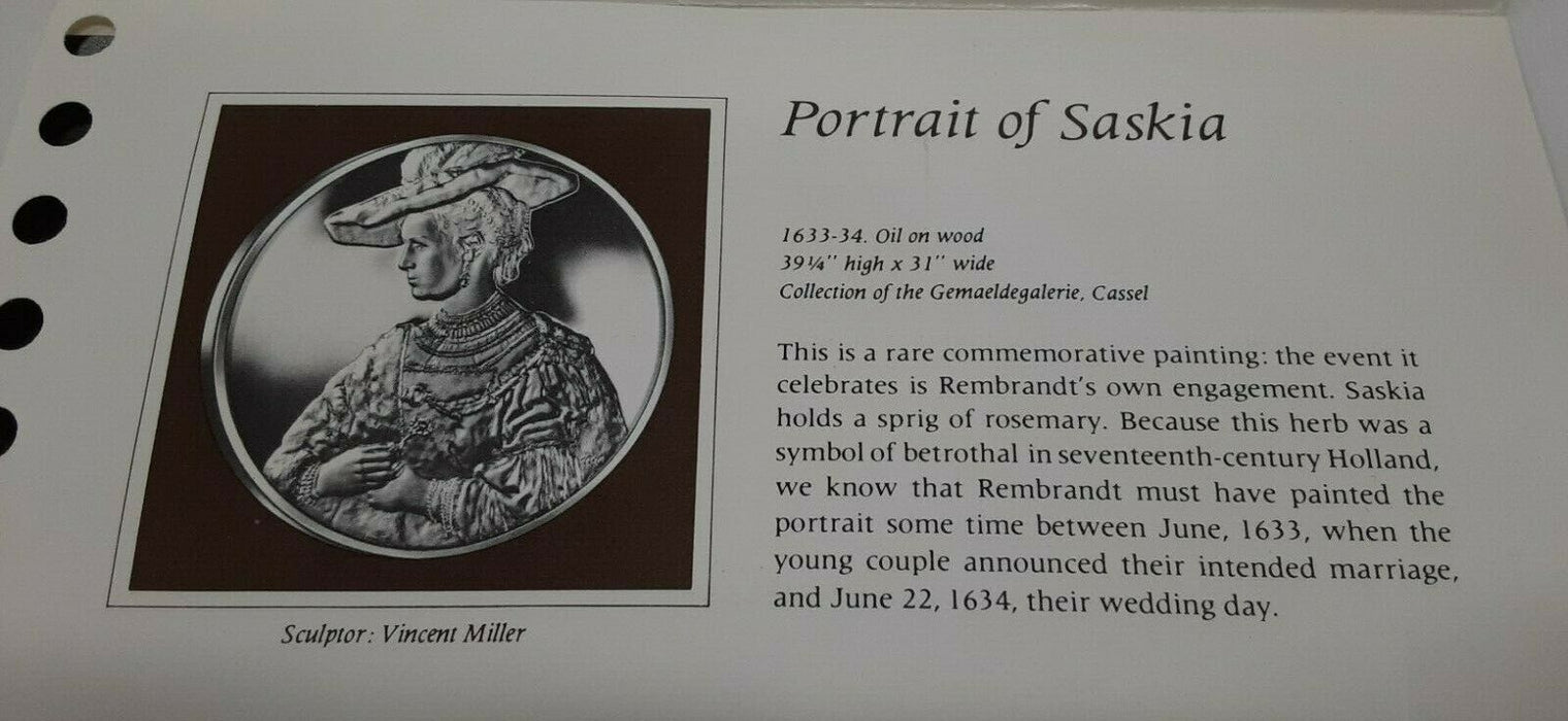 Franklin Mint Genius/Rembrandt PR .925 Silver Medal-Portrait of Saskia in Card