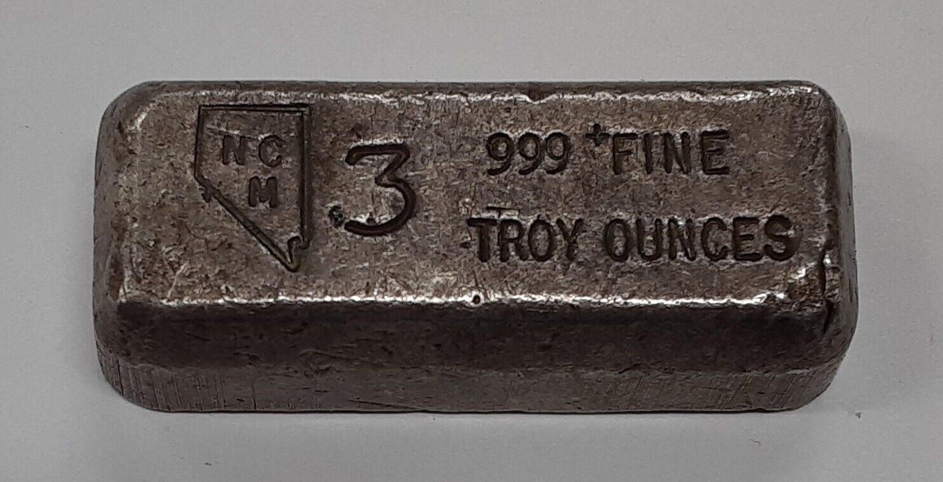 Vintage Nevada Coin Mart 3 Troy Oz. .999+ Fine Silver Poured Bar/Ingot