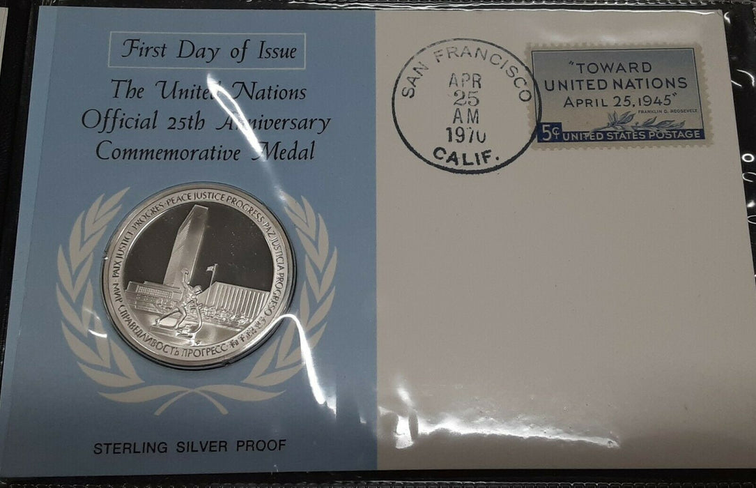Franklin Mint United Nations 25th Ann Sterling Silver Medal in FDC & Folder