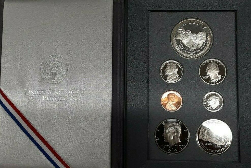 1991-S Prestige Set 7 Gem Proof Coins Mt. Rushmore Silver $1 in US Mint OGP