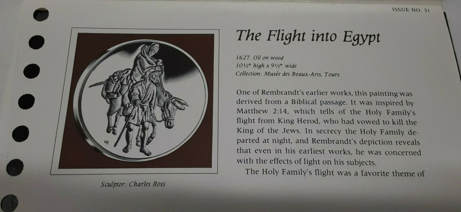 Franklin Mint Genius/Rembrandt PR .925 Silver Medal-Flight Into Egypt in Card