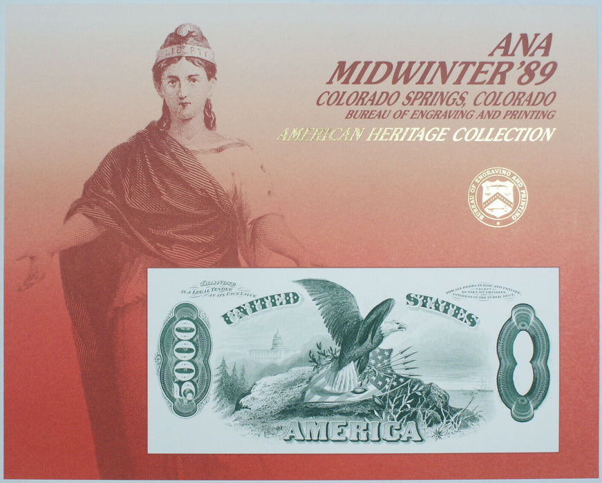 BEP souvenir card B 124 1989 ANA 1878 $5000 Legal Tender Note Back(Original Die)