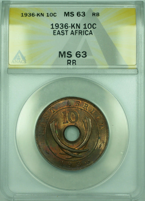 1936-KN 10C East Africa ANACS MS-63 RB King Edward VIII 10 Cents Coin KM#24a
