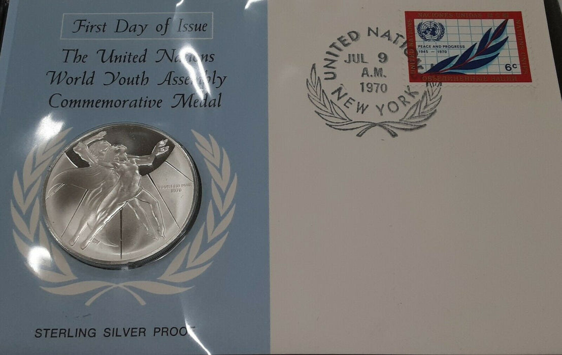 Franklin Mint UN World Youth Assembly Sterling Silver Medal in FDC & Folder